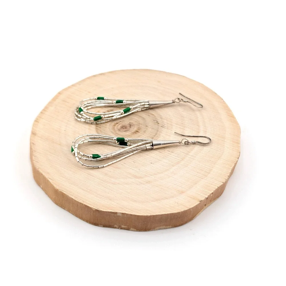 Navajo Silver &‎ Green Multi Strand Dangle Earrings | Southwestern Jewelry **
